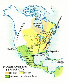 Kafte mit der Aufteilung von
                            Nord-"Amerika" 1750 zwischen
                            England, Spanien und Frankreich
