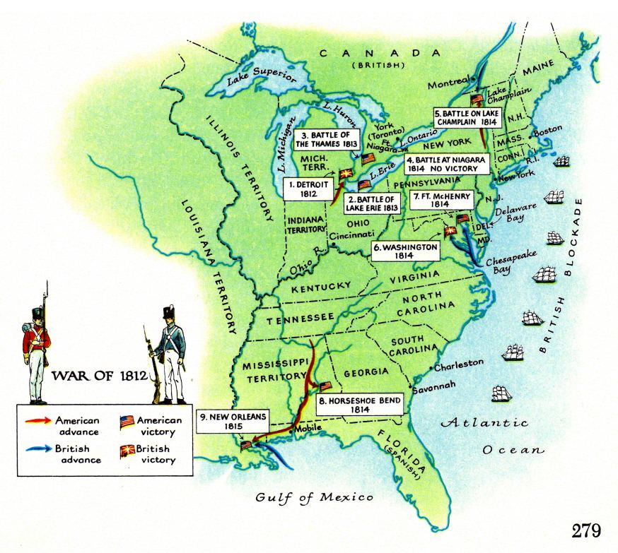 Zweiter
                      "amerikanischer" Unabhngigkeitskrieg
                      zwischen USA und England, Schlachtorte -- second
                      war of independence between Great Britain and USA
                      1812-1815 -- verzeichnet sind Schlachtort Detroit
                      1812 GB-Sieg, Schlachtort Eriesee 1813 mit
                      "US"-Sieg, Schlachtort Thames 1813 mit
                      "US"-Sieg, Schlachtort Niagara 1814
                      Unentschieden ohne Sieger, 5. Schlacht am
                      Champlain-See mit "US"-Sieg, 6. Schlacht
                      bei Washington 1814 mit GB-Sieg, und 7. Schlacht
                      am Fort McHenry 1814 mit "US"-Sieg,
                      sowie 8. Schlachtort Horseshoe Bend 1814 mit
                      "US"-Sieg, und 9. Schlachtort New
                      Orleans 1815 mit "US"-Sieg -- Karte,
                      map, mapa, carte, carta, terkep