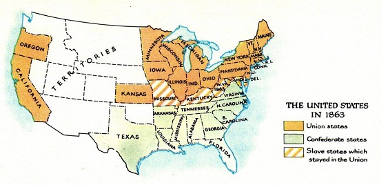 Die Staatenverteilung im weissen
                                  Bürgerkrieg der "USA" 1861,
                                  Karte.