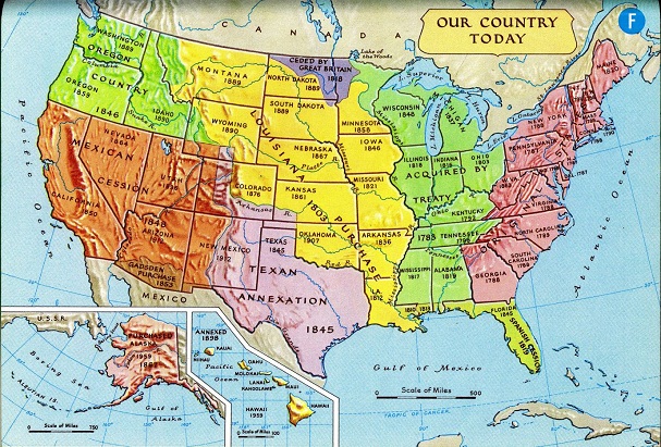 Karte der Staaten der "USA"
                            1965 mit den Kaufdaten und Besetzungsdaten.