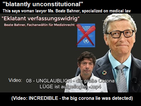 Woman lawyer Mrs. Bahmer who is specialized
                        for medical law says: Satanist Bill Gates and
                        the virologist Drosten from the Charité Hospital
                        in Berlin are acting unconstitutionally with
                        their Corona19 lies