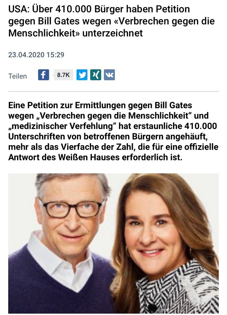 "USA" 23.4.2020: Petition gegen Bill
                  Gates bekommt 410.000 Unterschriften