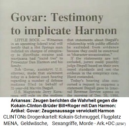 Arkansas, Artikel: Zeugen sagen gegen Clintons Kokainmafia aus, wo auch Anwalt Dan Harmon drinsteckt