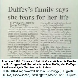 Die Clinton-Kokain-Mafia schchtert die Familie der Ex-Drogen-Task-Force-Leiterin Jean Duffey ein: Duffeys Familie meint, sie frchten um ihr Leben