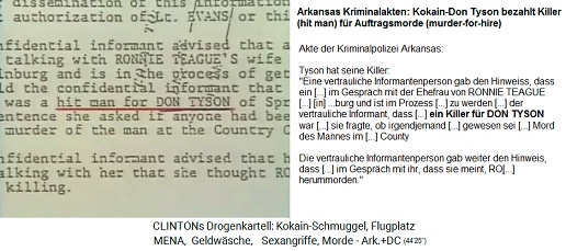 Arkansas Kriminalakten:
                                          Kokain-Don Tyson bezahlt
                                          Killer (hit man) fr
                                          Auftragsmorde
                                          (murder-for-hire)