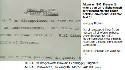 Little Rock
                                          (Arkansas) 1990: Die
                                          Pressemitteilung von Larry
                                          Nichols nach der
                                          Pressekonferenz gegen
                                          Kokain-Gouverneur Bill
                                          Clinton