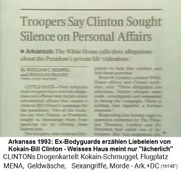 Artikel:
                          Soldaten meinen, Clinton wollte Stillschweigen
                          ber persnliche Affren. Das Weisse Haus
                          bezeichnet die Anschuldigungen gegen das
                          Privatleben des Prsidenten als 'lcherlich'