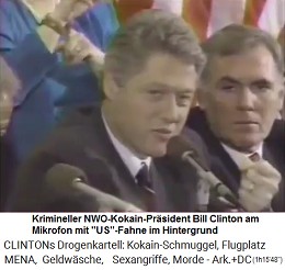 Der kriminelle NWO-Kokainprsident
                              Bill Clinton am Mikrofon mit US-Fahne