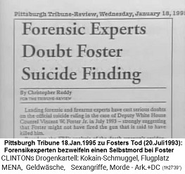 Artikel der Pittsburgh Tribune vom 18.
                          Januar 1995: Forensik-Experten zweifeln an der
                          Behauptung, Foster habe Selbstmord gemacht