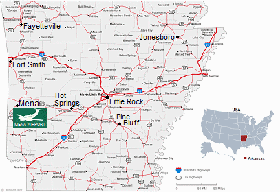 Map of Arkansas with it's capital Little Rock and the airfield of MENA