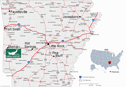 Karte von Arkansas mit der
                    Hauptstadt Kleinstein ("Little Rock") und
                    dem Flugplatz MENA