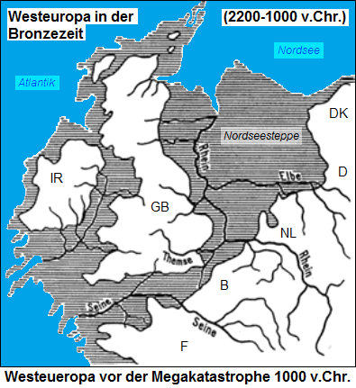 Karte Westeuropas
                        (Irland, England, Frankreich, Holland und
                        Deutschland) mit der Nordseesteppe in der
                        Bronzezeit 2200-1000 v.Chr. vor der
                        Megakatastrophe um 1000 v.Chr. mit den alten
                        Flusslufen von Rhein, Elbe, Seine und Themse