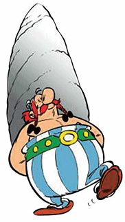 Obelix mit einem Hinkelstein, ein Menhir