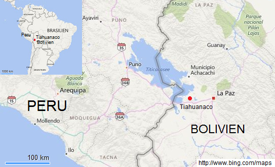 Karte mit
                        Peru und Bolivien, dem Titicacasee mit
                        Tiahuanaco