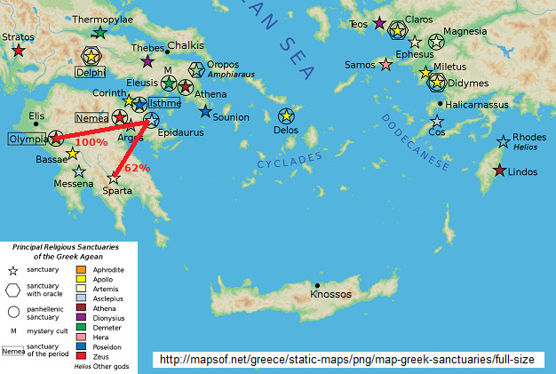 Karte von Griechenland, Goldener
                          Schnitt zwischen Epidaurus, Olympia und
                          Sparta