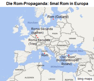 Karte mit
                5mal Rom in Europa