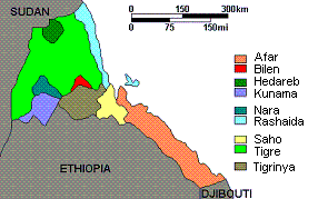 Die verschiedenen Ethnien in Eritrea:
                              Afar, Bilen, Hedareb, Kunama, Nara,
                              Rashaida, Sabo, Tigre und Tigrinya