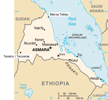 Karte
                              Eritrea klein: Nak'fa, Keren, Akurdet,
                              Massawa / Massaua, Asmara, Kulul, Tio,
                              Assab; Denakil