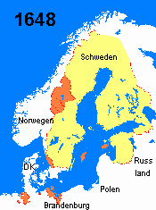 Karte
                          von Schweden mit den Erwerbungen 1618-1648,
                          u.a. Teile von Brandenburg und Bremen.