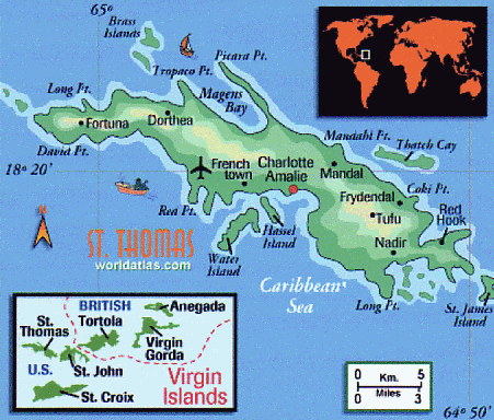 Karte von St. Thomas, gross. Die
                                weissen, dnischen Sklaventreiber
                                zwangen die schwarzen Sklaven, die
                                gesamten Urwlter abzuholzen, um dann
                                Zuckerplantagen anzulegen.
