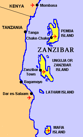 Karte von Sansibar mit
                        den Inseln Zanzibar, Pemba und Mafia