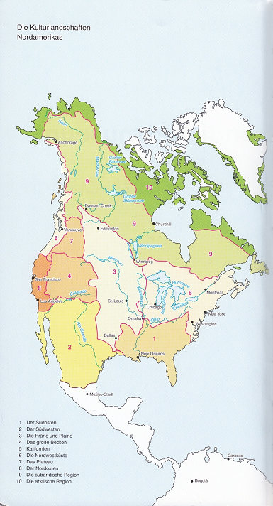 Karte Nord-"Amerikas" mit der Einteilung
                in verschiedene Kulturlandschaften der Primrnationen
                ("Indianer")