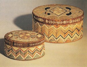 Birch bark boxes with quillwork application
                    made by Micmac primary nation