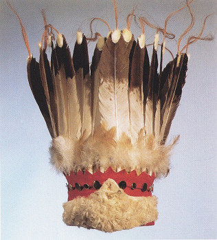 Bonnet with upright feather corona of
                    Blackfoot primary nation
