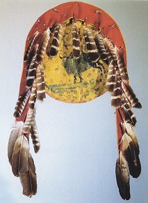 Ceremonial shield with feathers of
                            Blackfoot primary nation