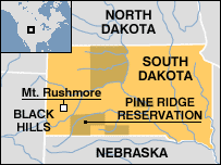 Karte mit der
                          Position der Pine Ridge-Reservation der Lakota
                          in South Dakota ("USA")