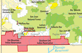 Karte von Colorado mit dem
                                  Ute-Indianerreservat und
                                  Mesa-Verde-Nationalpark