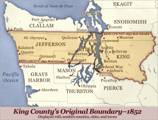 Karte mit
                    der Bucht von Seattle und der kartographischen
                    Einteilung der weissen Rassistenregierung der
                    "USA" mit der Grndung von "King
                    County" 1852