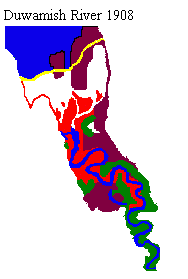 Der Duwamish-Fluss , Duwamish river
                      fliesst 1908 nur noch teilweise in freien
                      Mandern