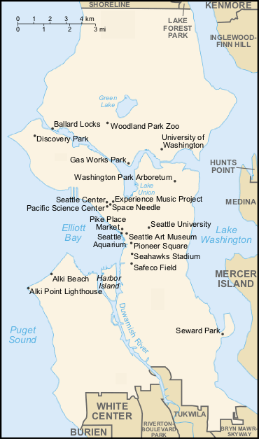 Seattle an der Bucht
                      "Elliott Bay" am Duwamish-Fluss, river,
                      Lake Washington, Lake Union, Green Lake, Karte,
                      map, mapa, carte