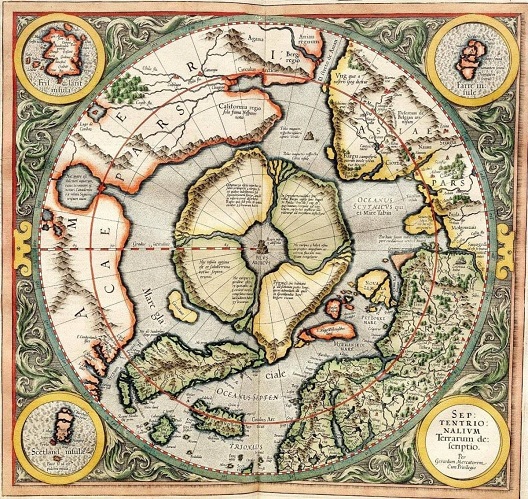 Karte der
                      Arktis mit dem Nordpol als vierteiliger Kontinent
                      mit 4 Hauptflssen und einem ringartigen
                      Kstengebirge