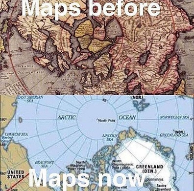 Karten von der Arktis mit den Nordpol als
                      vierteiliger Kontinent und heute ohne Kontinent