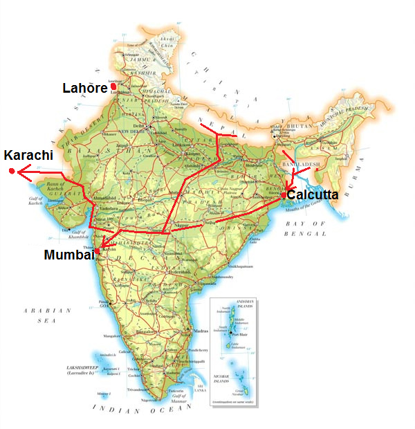 Karte mit Indien, Nepal und Bangladesh mit
                      der Angabe des Mdchen- und Frauenhandels nach
                      Mumbai (frher Bombay) und Pakistan