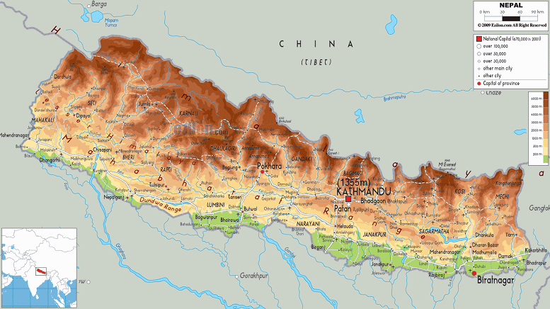 Karte von
                      Nepal mit Kathmandu auf 1355 Meter ber Meer und
                      den Bergen mit bis zu 6-7000 Meter Hhe