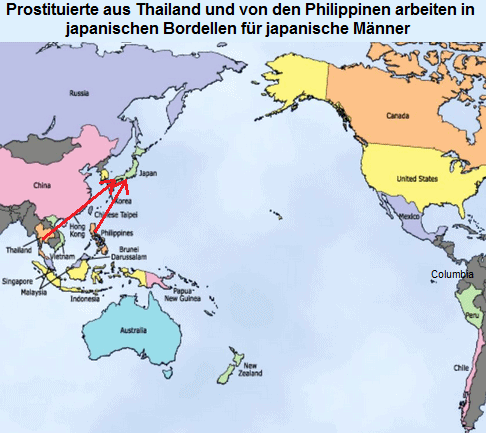 Karte mit Thailand und den
              Philippinen, von wo aus Frauen fr japanische Mnner in
              Bordellen in Japan arbeiten