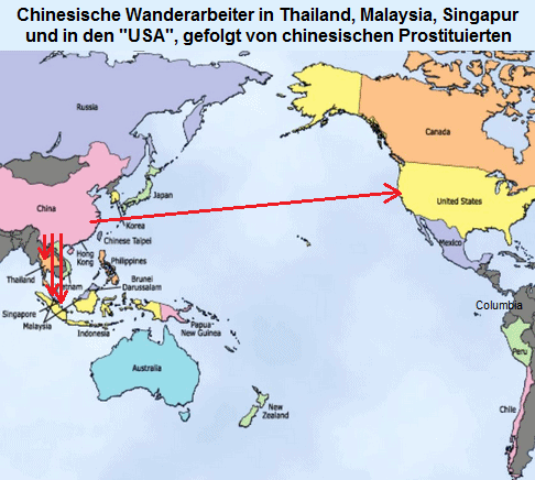 Eine Karte, die den Weg
              chinesischer Wanderarbeiter zeigt, denen dann chinesische
              Prostituierte folgten: nach Thailand, Malaysia, Singapur
              und die "USA"