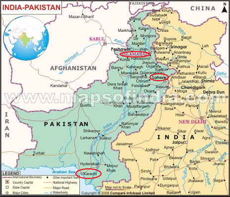 Karte Pakistans mit den Stdten
              Lahore, Islamabad und Karachi