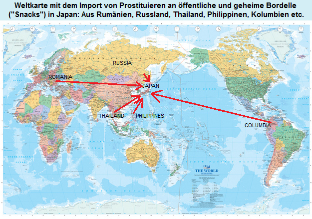 Weltkarte mit den Wegen des
              Frauenhandels in Bordelle und Geheimbordelle
              ("Snacks") in Japan aus Rumnien, Russland,
              Thailand, den Philippinen, Kolumbien etc.