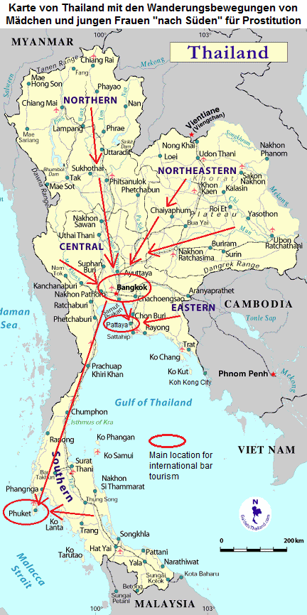 Karte von Thailand mit den
                                  Angaben, wie die Mdchen und jungen
                                  Frauen "in Richtung Sden"
                                  in die Prostitution gehen
