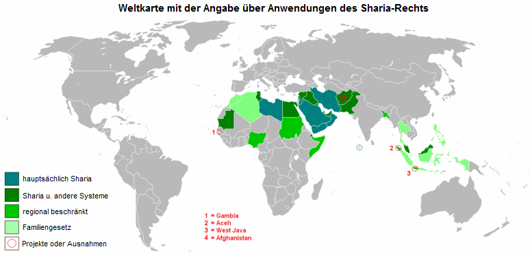 Weltkarte mit dem
                        Schariarecht und mit Scharia-Gesetzen