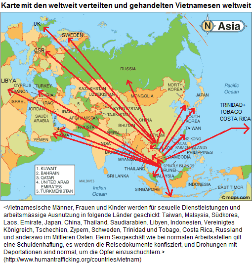 Karte mit der Angabe,
                        wohin vietnamesische Arbeiter und Frauen in der
                        Welt verschoben werden (2011)