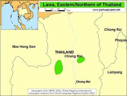 Karte von Nord-Thailand mit
                                      Territorien des Bergstamms der
                                      Lawa