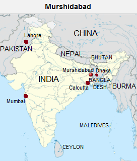 Karte von Indien mit Murshidabad (Stadt und
                    Provinz), Dhaka, Kalkutta und Mumbai