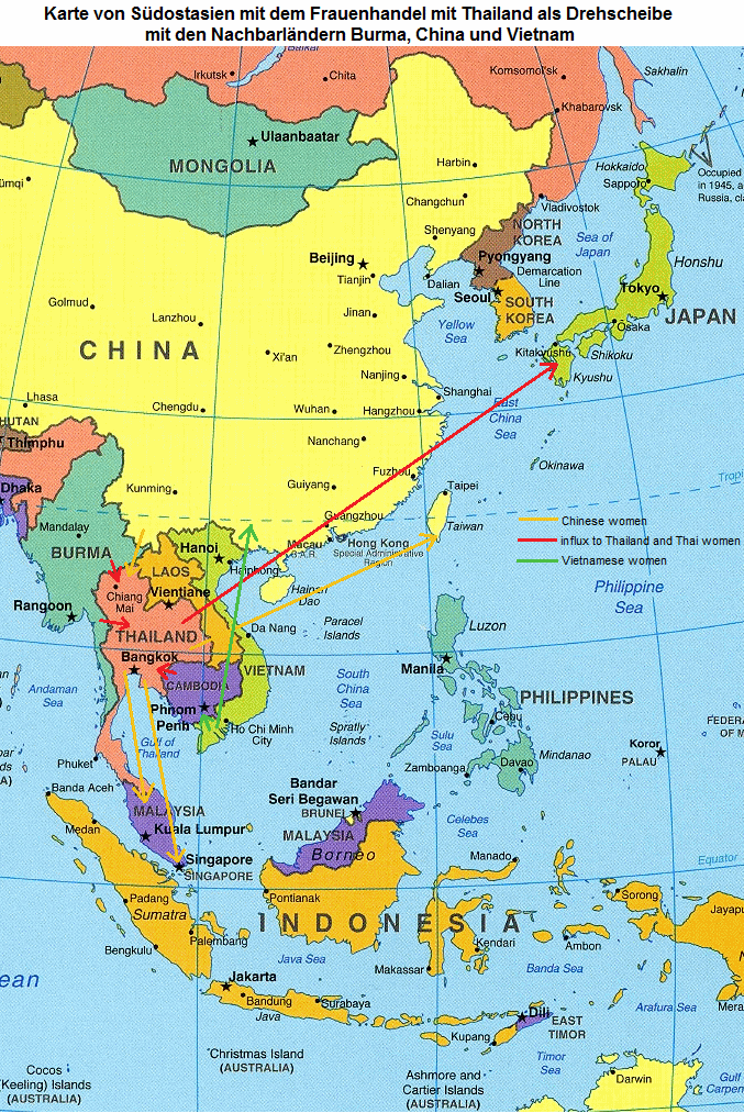 Map of South East Asia
                        showing women trafficking with Thailand as a hub
                        with it's neighbor states and China and Vietnam