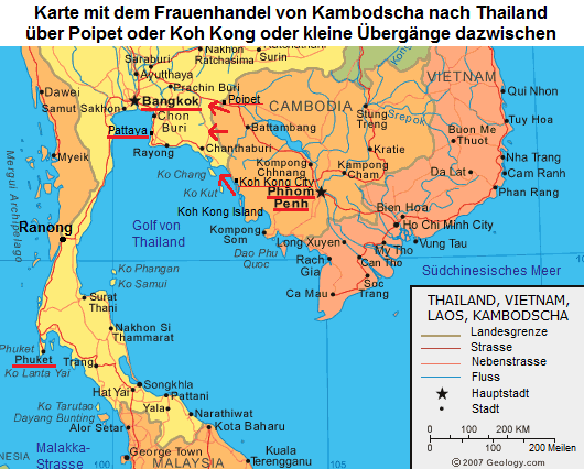 Karte von Kambodscha mit
                      den Stdten Poipet, Koh Kong und mit Thailand mit
                      Bangkok, Pattaya und Phuket [41]