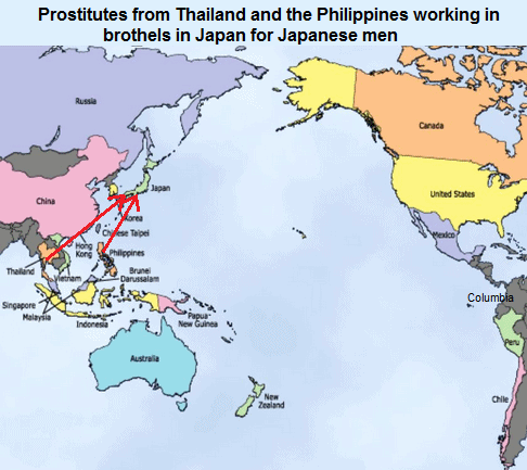 Map showing prostitutes from
              Thailand and the Philippines working in brothels in Japan
              for Japanese men